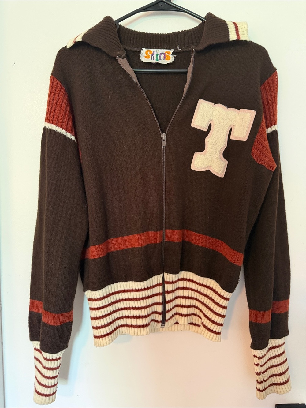 Vintage 1970s SKINS Knit Varsity Letterman Zip-Up Sweater